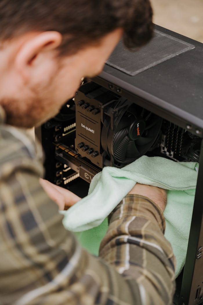 About Adult male cleaning desktop computer interior using soft cloth for maintenance.